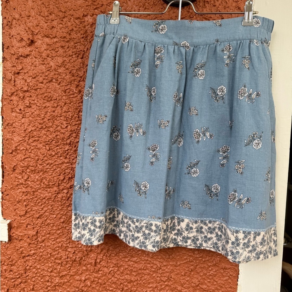 Ann Taylor LOFT Outlet Linen Blend Skirt Size Medium Blue Floral Boho Pockets